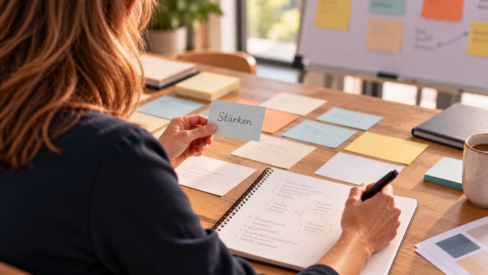 Eine Trainerin plant an einem Arbeitstisch ein Workshop-Konzept und hält eine Karte mit der Aufschrift „Stärken“ in der Hand.